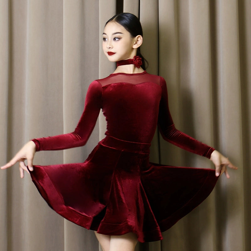 Latin Dance Dresses for Girls Kids Velvet Wine Black Salsa Rumba Chacha Performance Costumes for Children - Moderndancedress.com
