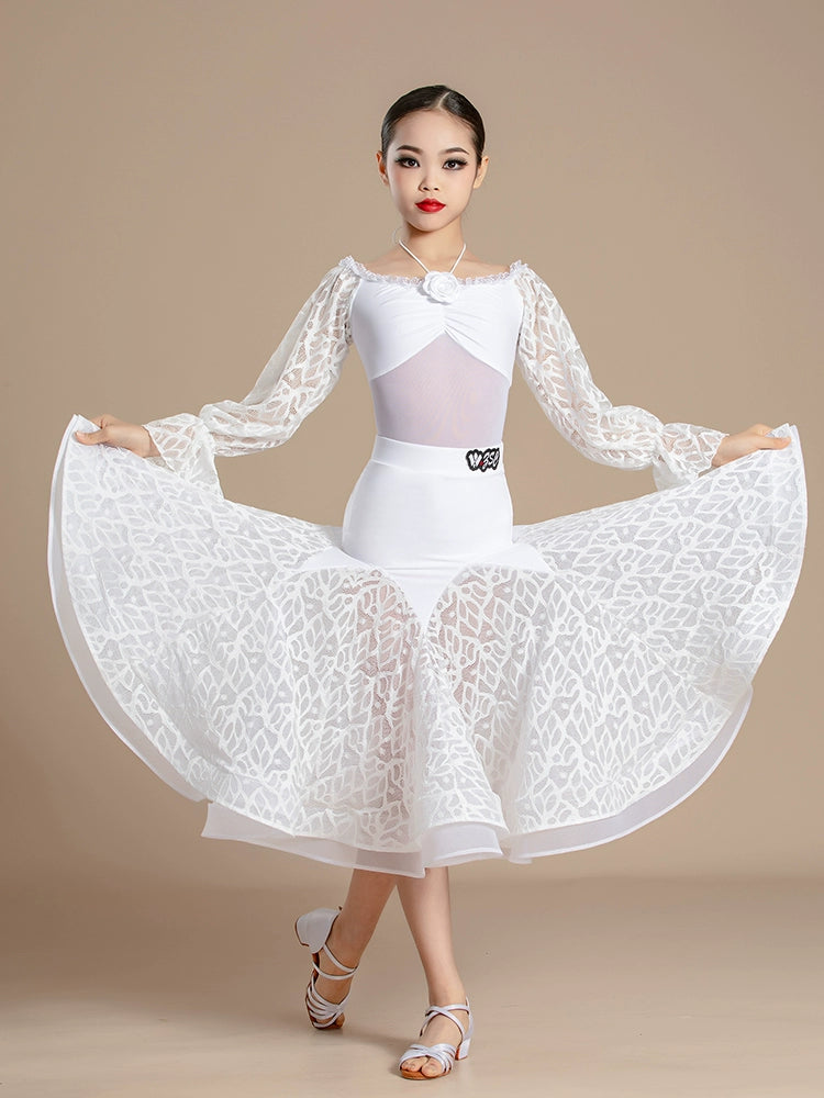 White Lace Competition Modern National Ballroom Dance Dresses for Girls Kids Dew Shoulder Waltz Tango Art Test Performance Costumes - Moderndancedress.com