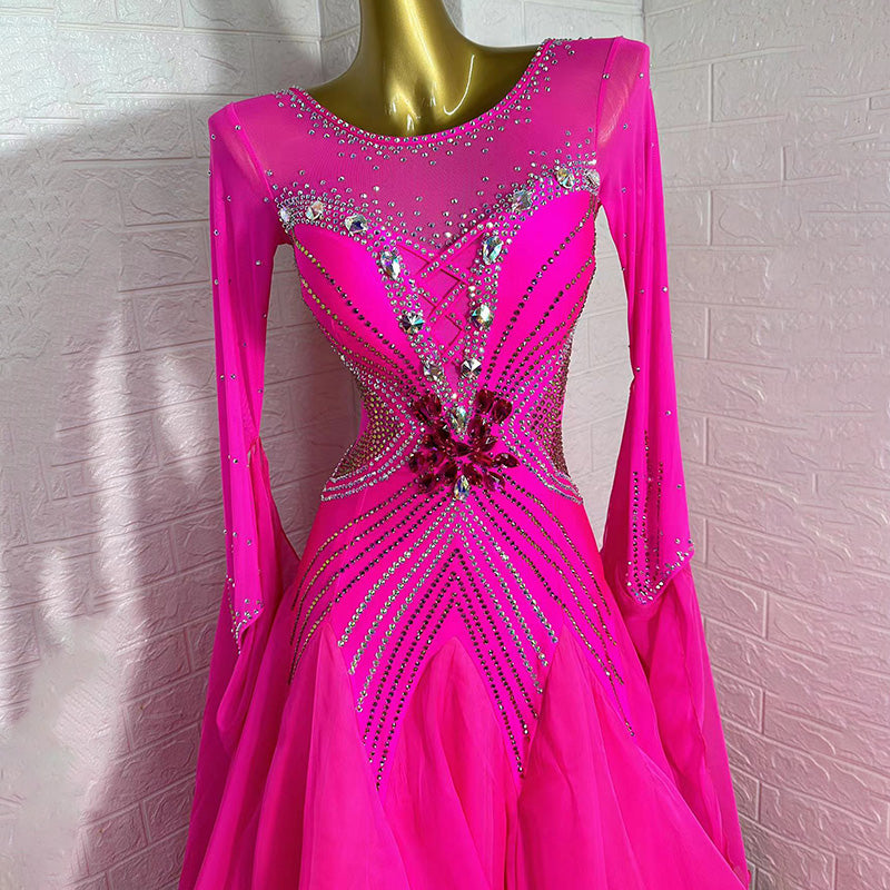 Customized Size Fuchsia Ballroom Dance Dresses for Women Girls Competition Stones Tango Waltz Performance Long Gown - Moderndancedress.com