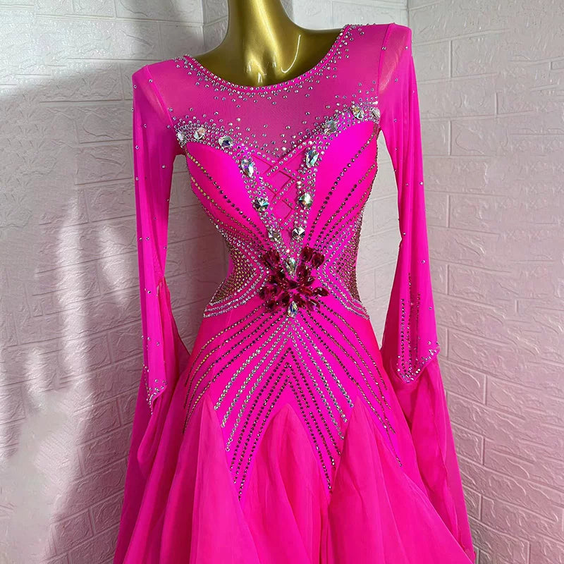 Custom Size Fuchsia Ballroom Dance Dress with Crystals | Competition Waltz Tango Gown
