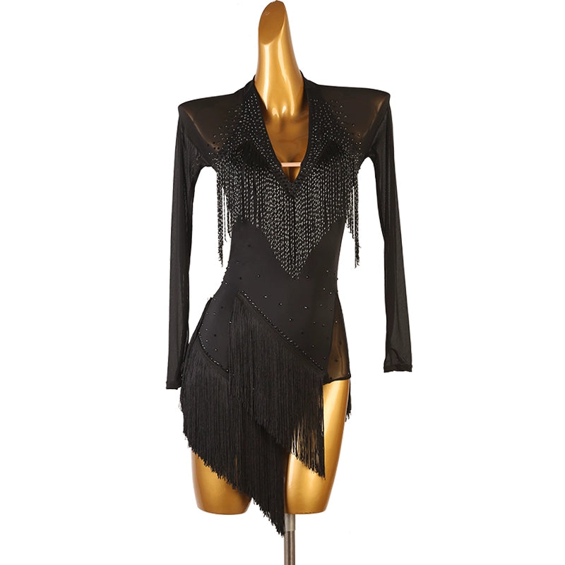 Black White Tube Bead Fringe Latin Dance Competition Dresses for Women Girls Salsa Rumba Chacha Performance Costumes Irregular Skirts - Moderndancedress.com
