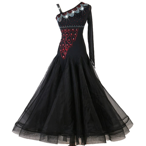 One Shoulder Rhinestones Competition Ballroom Dance Dresses for Women Girls Orange Black Waltz Tango Foxtrot Rhythm Performance Long Gown - Moderndancedress.com