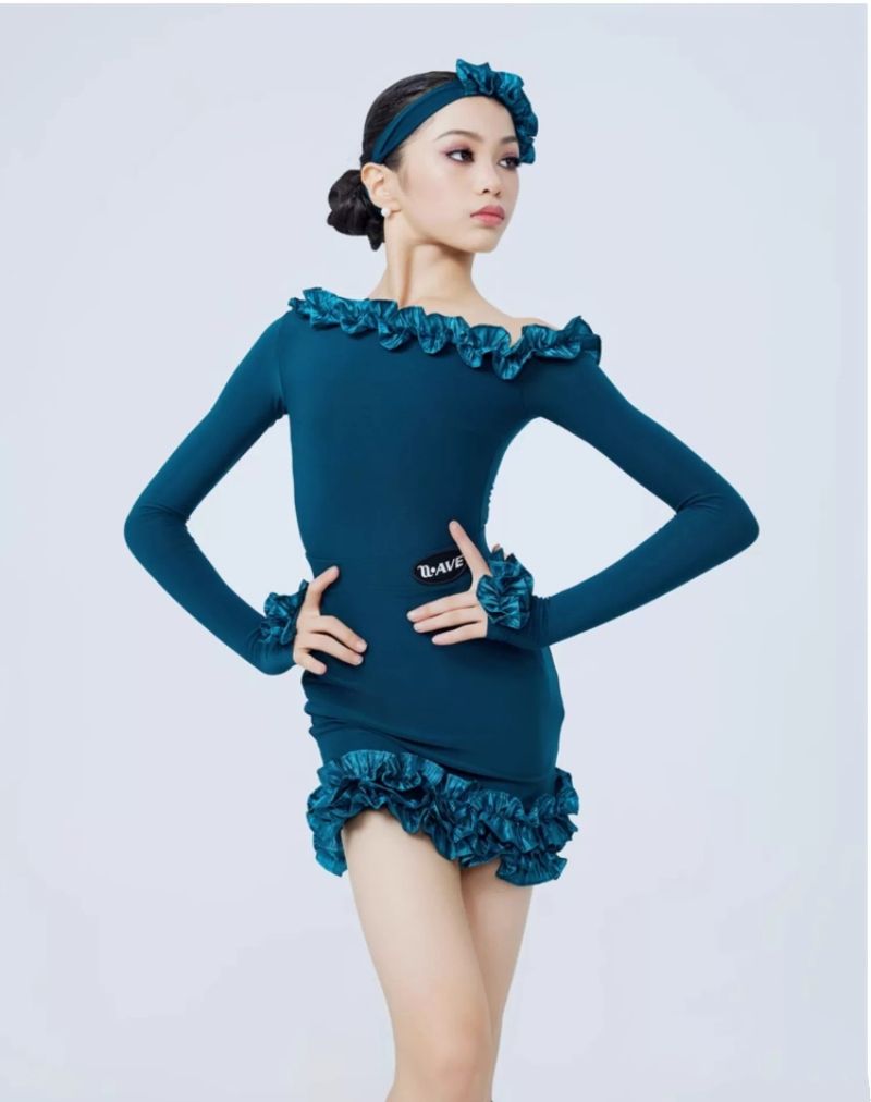Girls Peacock Blue Slant Neck Latin Dance Dresses Ruffles Edge Off Shoulder Salsa Rumba Chacha Dance Long-sleeved Skirt for Kids - Moderndancedress.com