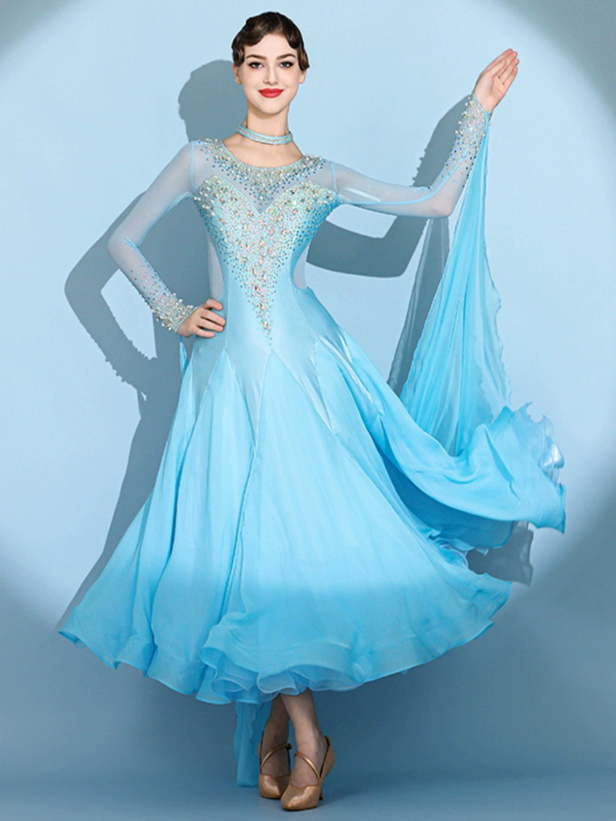 Custom size blue gemstones ballroom competition dresses for women girls children waltz tango foxtrot senior dance performance gown - Moderndancedress.com