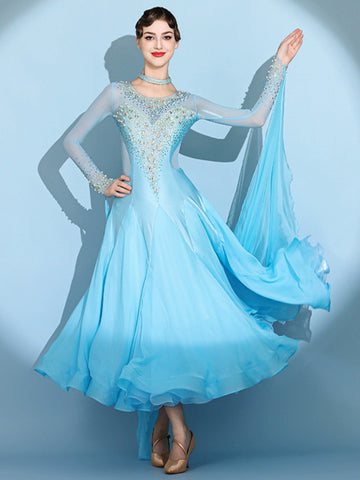 Custom size blue gemstones ballroom competition dresses for women girls children waltz tango foxtrot senior dance performance gown - Moderndancedress.com
