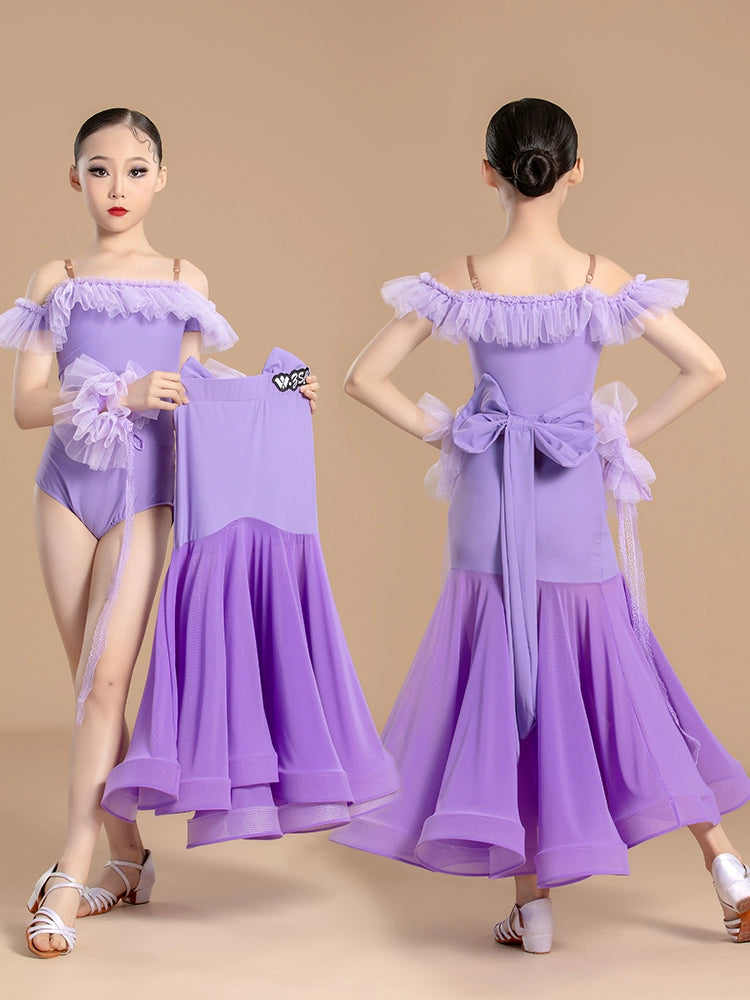 children girls ballroom dance dresses purple yellow blue white color competition national standard regulations clothes big skirt - Moderndancedress.com