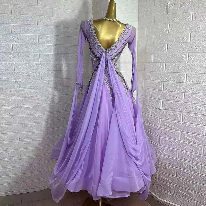 Custom Size Lavender Luxury Ballroom Dance Dress Rhinestones Waltz Competition Dance Gown