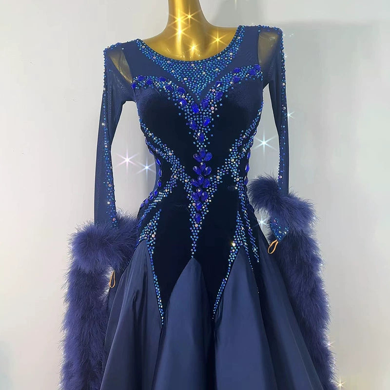 Custom Size Navy Feather Competition Ballroom Dance Dresses for Women Girls Waltz Foxtrot Smooth Dance Swing Skirts - Moderndancedress.com