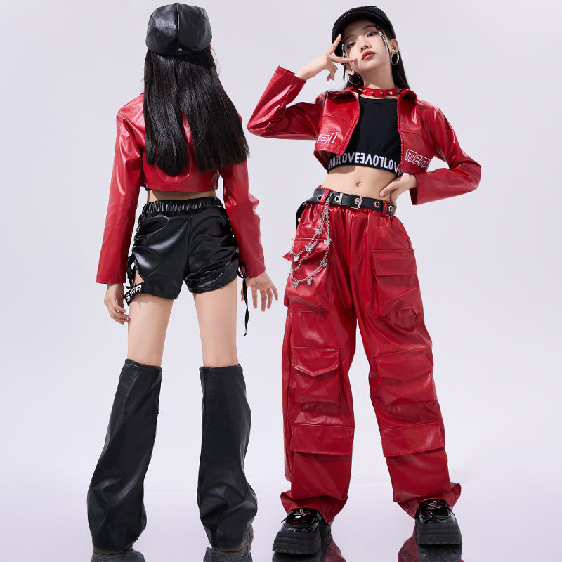 Girls Hiphop Dance Costumes for Kids Children Red Pu Leather Punk Rock Jazz Dance Wear Model Show Street Catwalk Dance Outfits
