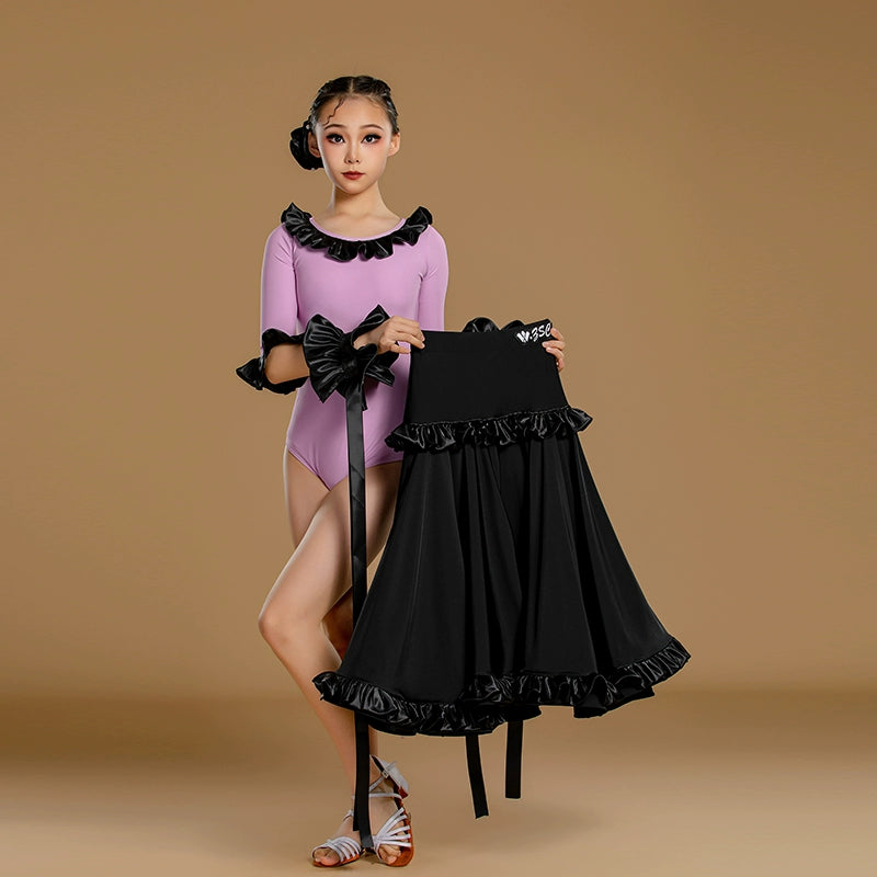 Girls Ballroom Dance Dresses Kids Lavender Black Waltz Tango  Performance Competition Costumes