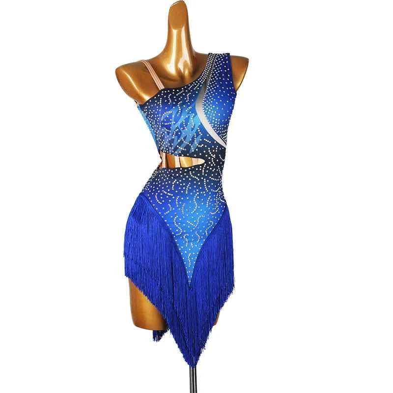 Blue Latin Dance Dresses for Women Girls Slant Neck One Shoulder Salsa Latin Performance Dresses Competition Costume