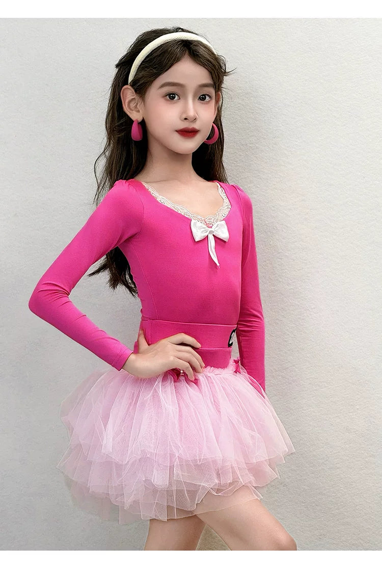 Girls Pink Latin Dance Dress | Hot Pink Salsa Chacha Dance Leotard Set