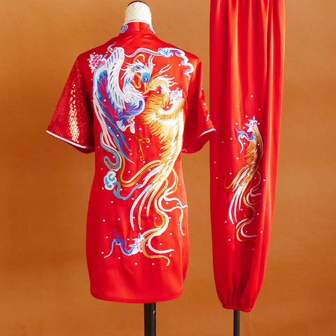Custom Size Red Phoenix Wushu Competition Clothing for Women Embroidered Martial Arts Clothes Changquan Kungfu Art Exam Uniform