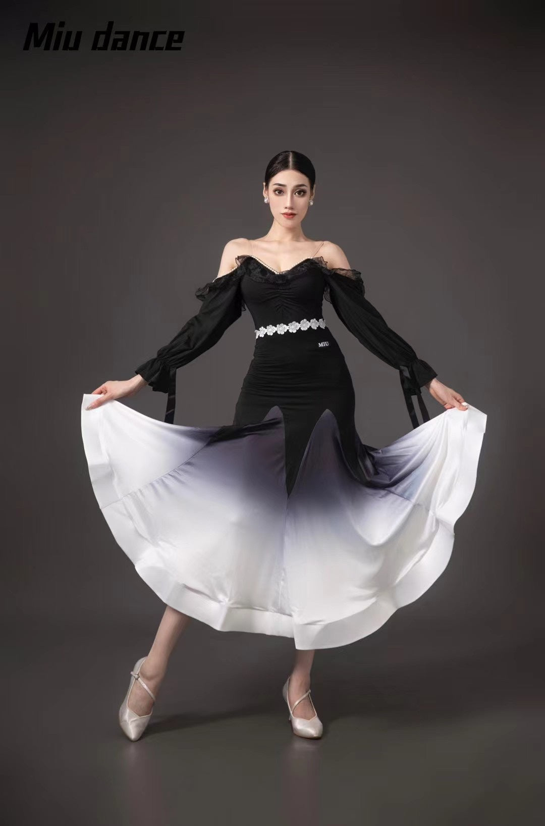 Black White Gradient Off Shoulder Ballroom Dance Dresses for Women Girls Waltz Tango Rhythm Fishbone Skirt - Moderndancedress.com