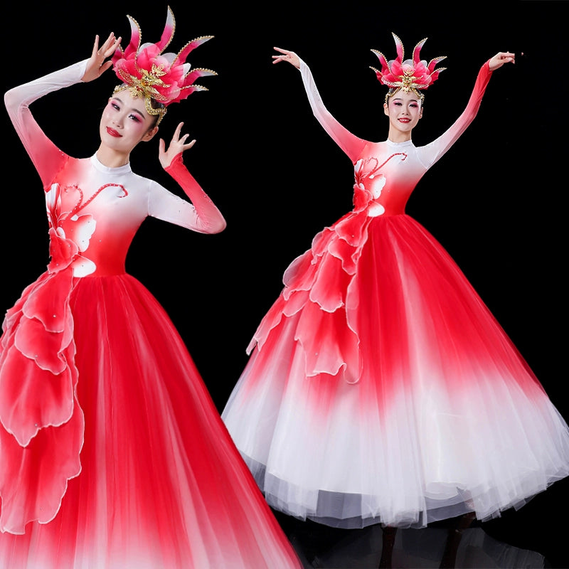 Women girls Opening Dance flamenco dance petals dresses pink blue green yellow church choir performance gown modern dance solo Choral wear - Moderndancedress.com