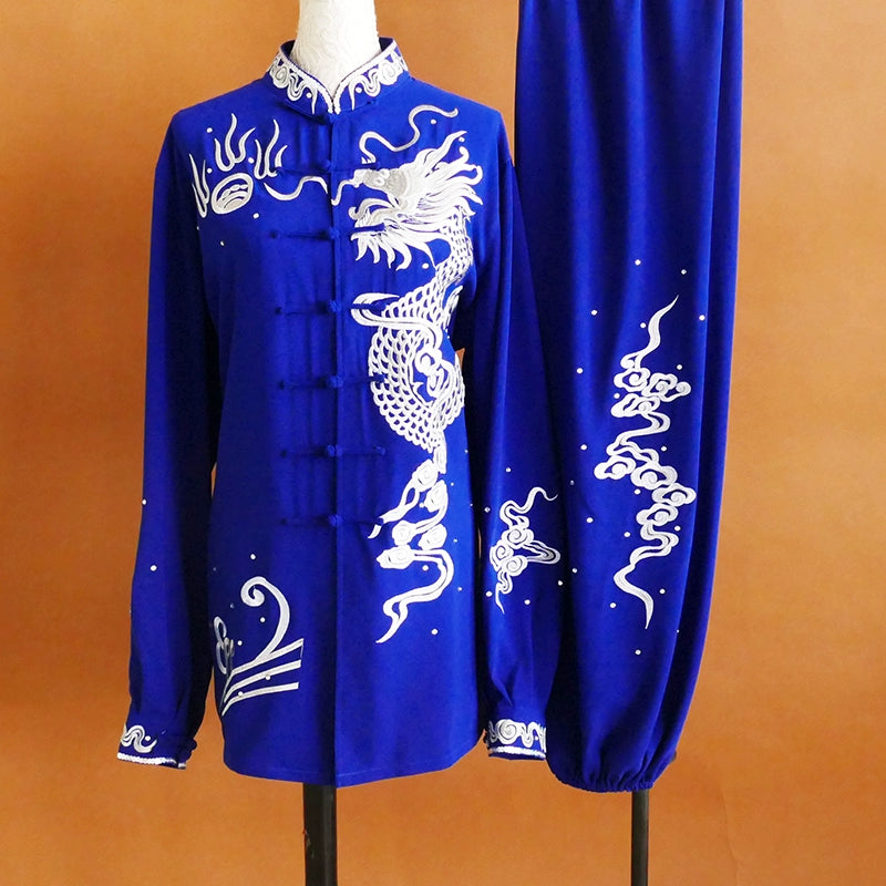 Custom Size Embroidered Dragon Tai Chi Clothing for Women Royal Blue Wushu Martial Art Performance Uniforms - Moderndancedress.com