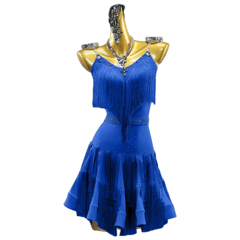 Custom Size Royal Blue Fringe Latin Dress Salsa Chacha Performance Costumes