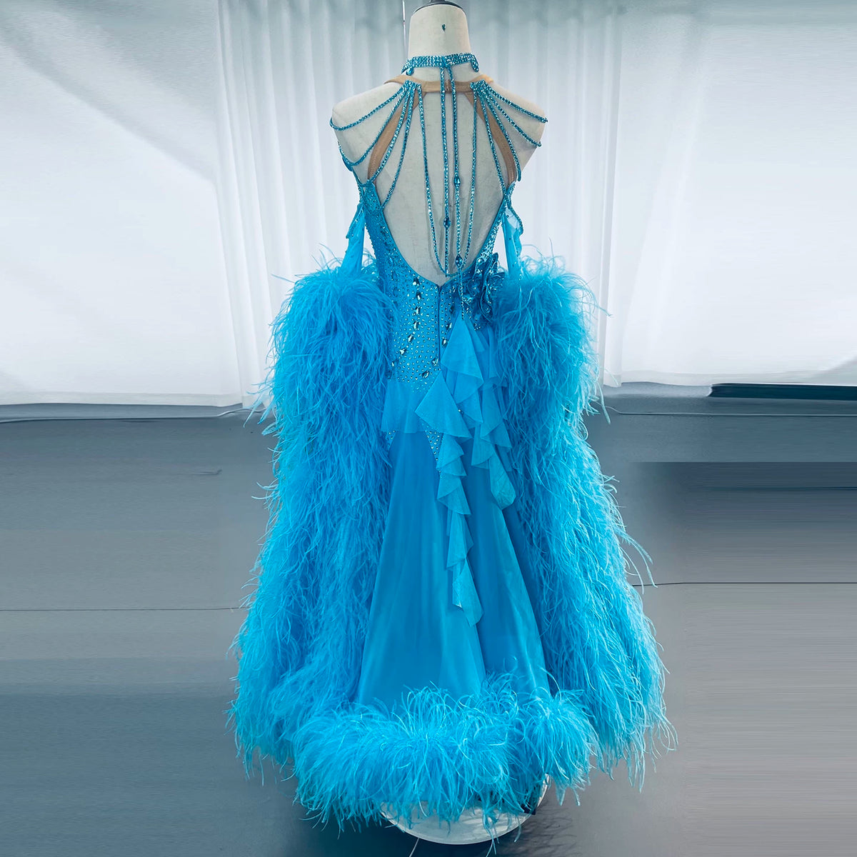 Custom Cyan Blue Ostrich Feather Competition Ballroom Dance Dress