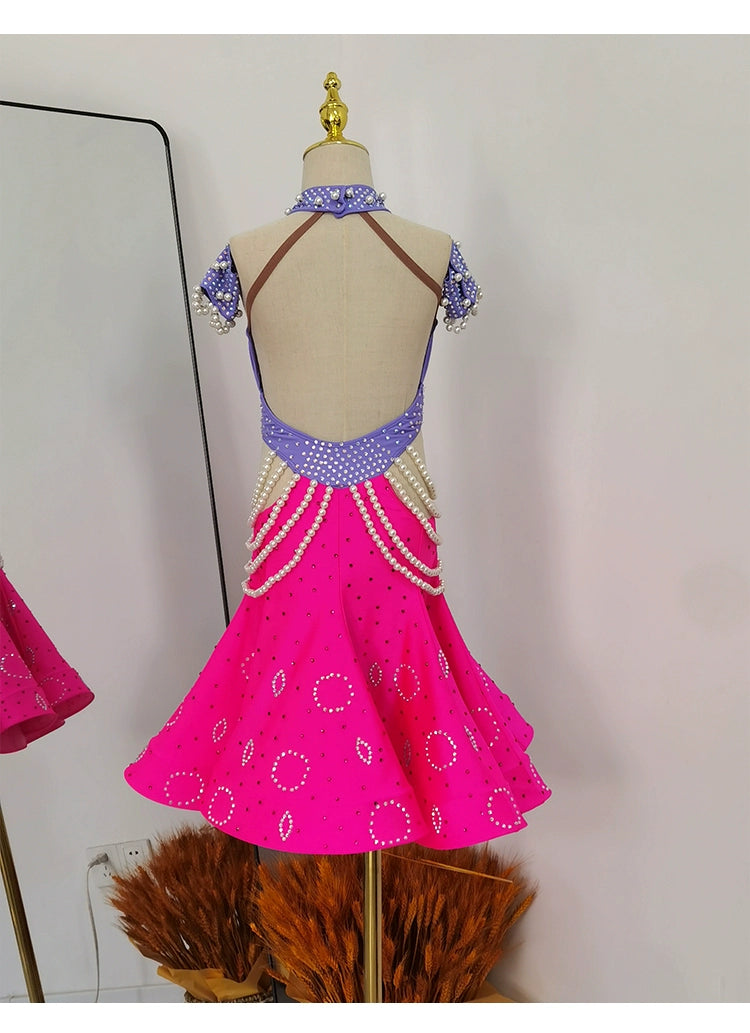 Girls Latin Dance Dresses for Kids Purple Black Pearls Diamond Salsa Rumba Chacha Performance Costumes
