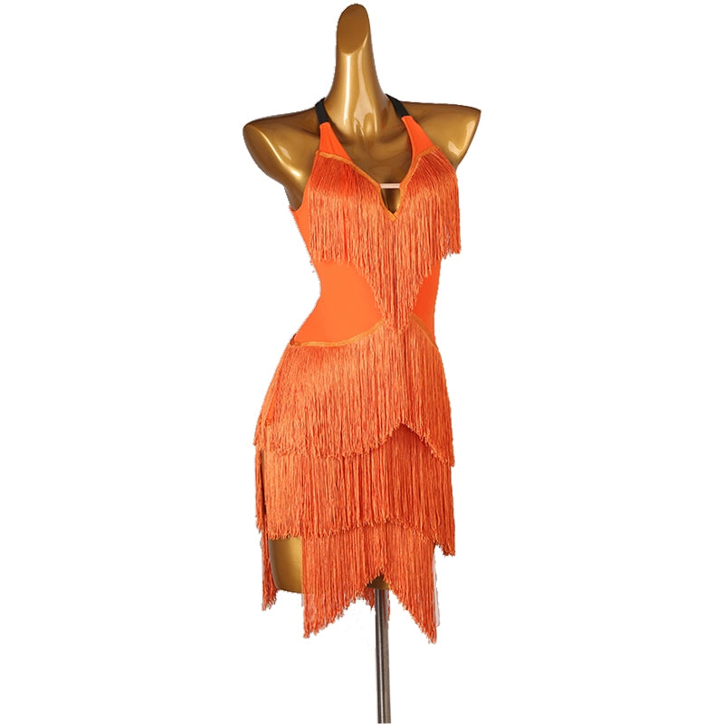 Orange Dark Green Navy Blue Latin Dance Competition Dresses for Women Girls Salsa Rumba Chacha Performance Costumes Halter Neck - Moderndancedress.com