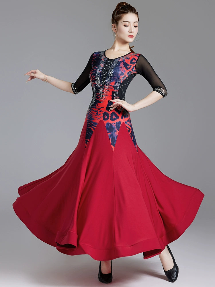 Blue Red Leopard Ballroom Dance Dresses for Women Girls Waltz Tango Foxtrot Rhythm Professional Dance Gown Long Flare Sleeves Swing Skirt - Moderndancedress.com