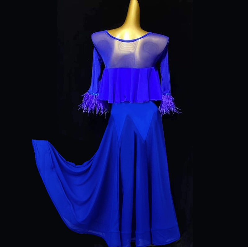 Mid-sleeved Red Feather Ballroom Dance Dresses for Women Girls Royal Blue Waltz Tango Party Competition Ball Gown Swing Skirts - Moderndancedress.com