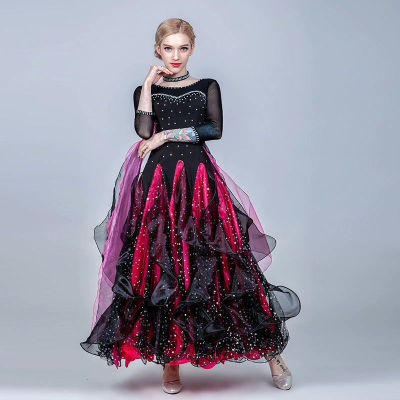 Blue pink Competition bling ballroom dance dresses for women girls waltz tango smooth ballroom dance big swing skirt for lady - Moderndancedress.com