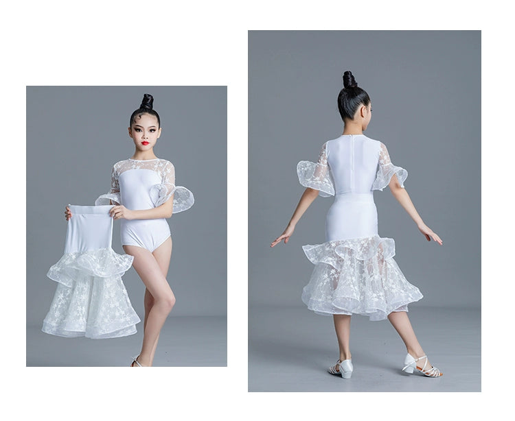 Children' Girls White Pink Green Lace Ballroom Dance Dresses for Kids Waltz Ballroom Tango Dance Competition Performance Clothes - Moderndancedress.com
