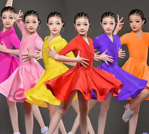 Girls children yellow red pink purple competition latin dance dress kids latin ballroom rumba salsa stage performance costumes modern dance outfits for girls