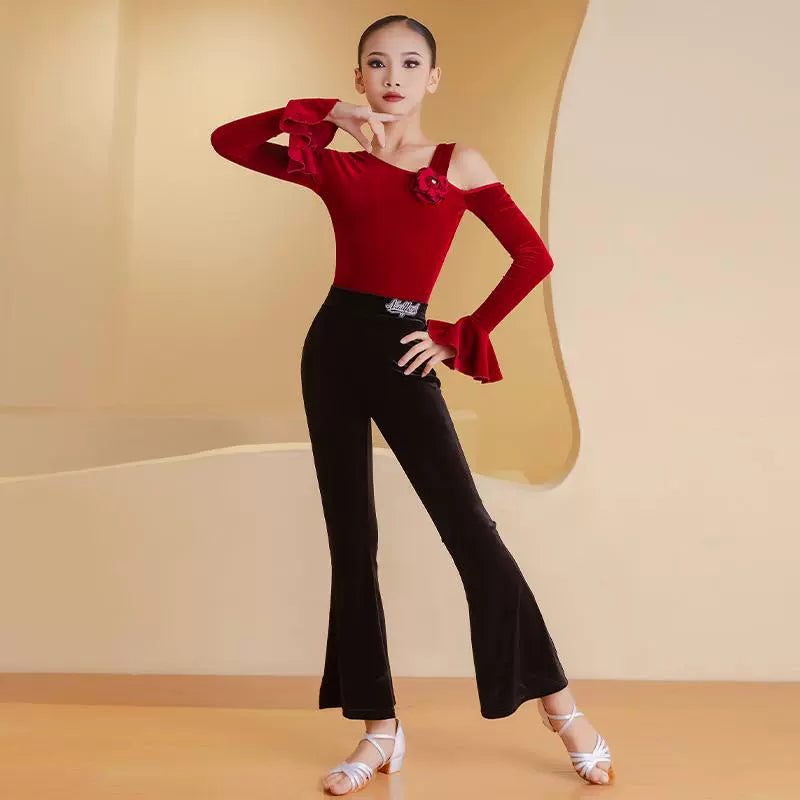 Girls Latin Ballroom Dance Costumes Wine Black Velver Flowers Slant Neck Salsa Rumba Chacha Training Stage Performance Outfits for Kids - Moderndancedress.com