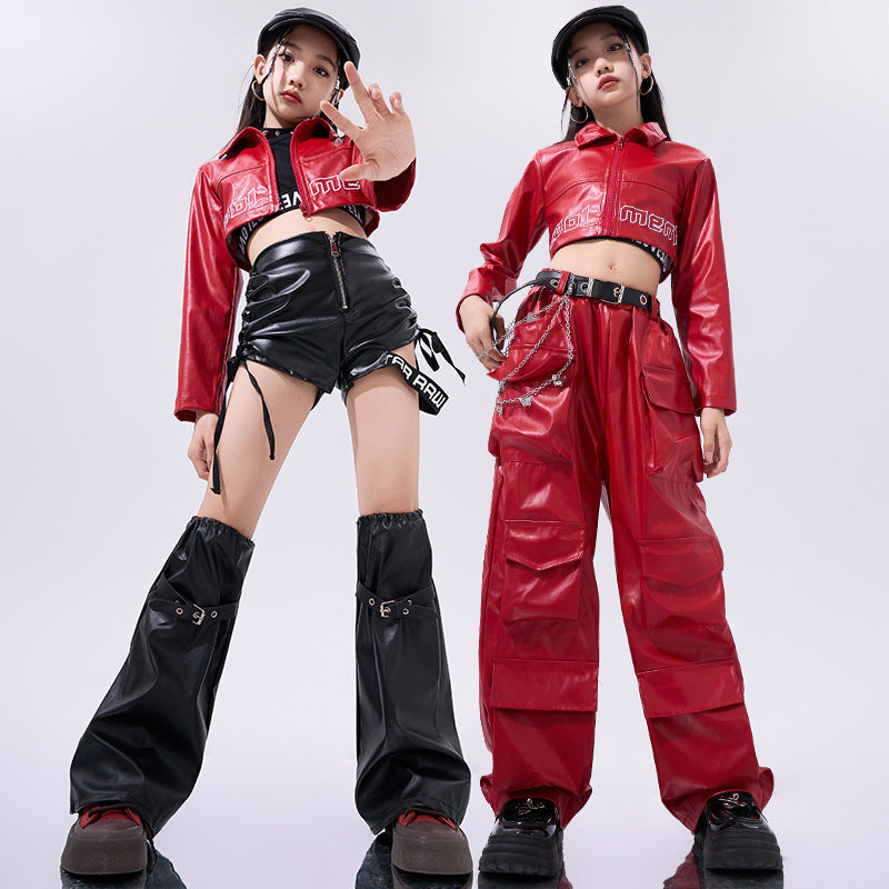 Girls Hiphop Dance Costumes for Kids Children Red Pu Leather Punk Rock Jazz Dance Wear Model Show Street Catwalk Dance Outfits