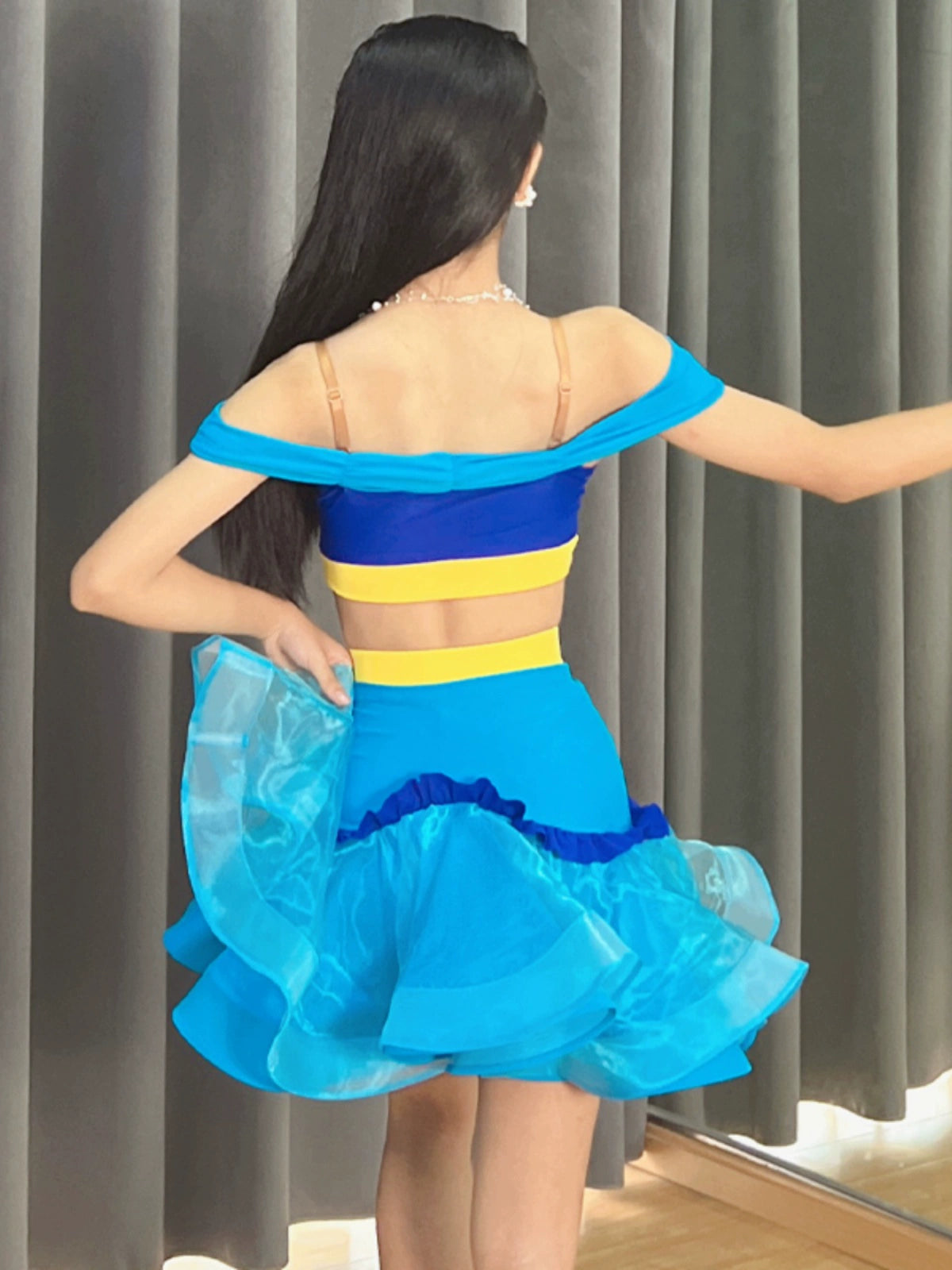 Blue yellow children's Latin dance dance dresses salsa ballroom performance skirts off-the-shoulder practice outfits for kids - Moderndancedress.com