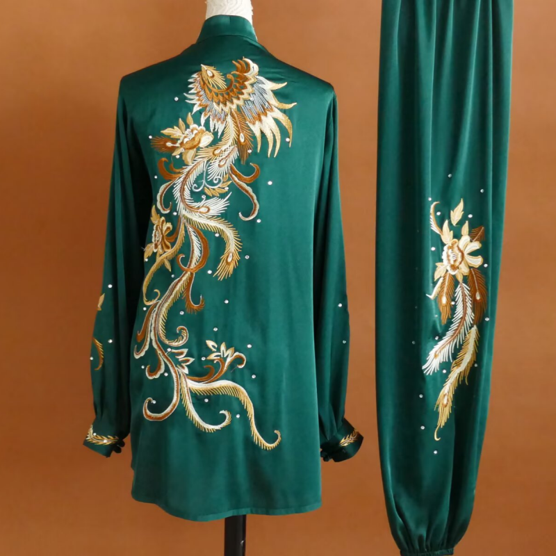 Custom Size Tai Chi Clothing Dark Green Embroidered Phoenix Wushu Martial Arts Kunfu Group Performance Uniforms - Moderndancedress.com