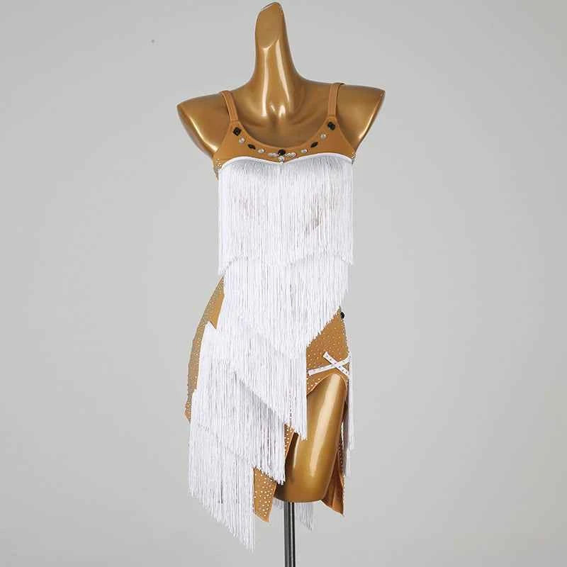 White Latin Dance Dresses for Women Girls Fringe Rhinestones Salsa Latin Performance Costume Side Slit