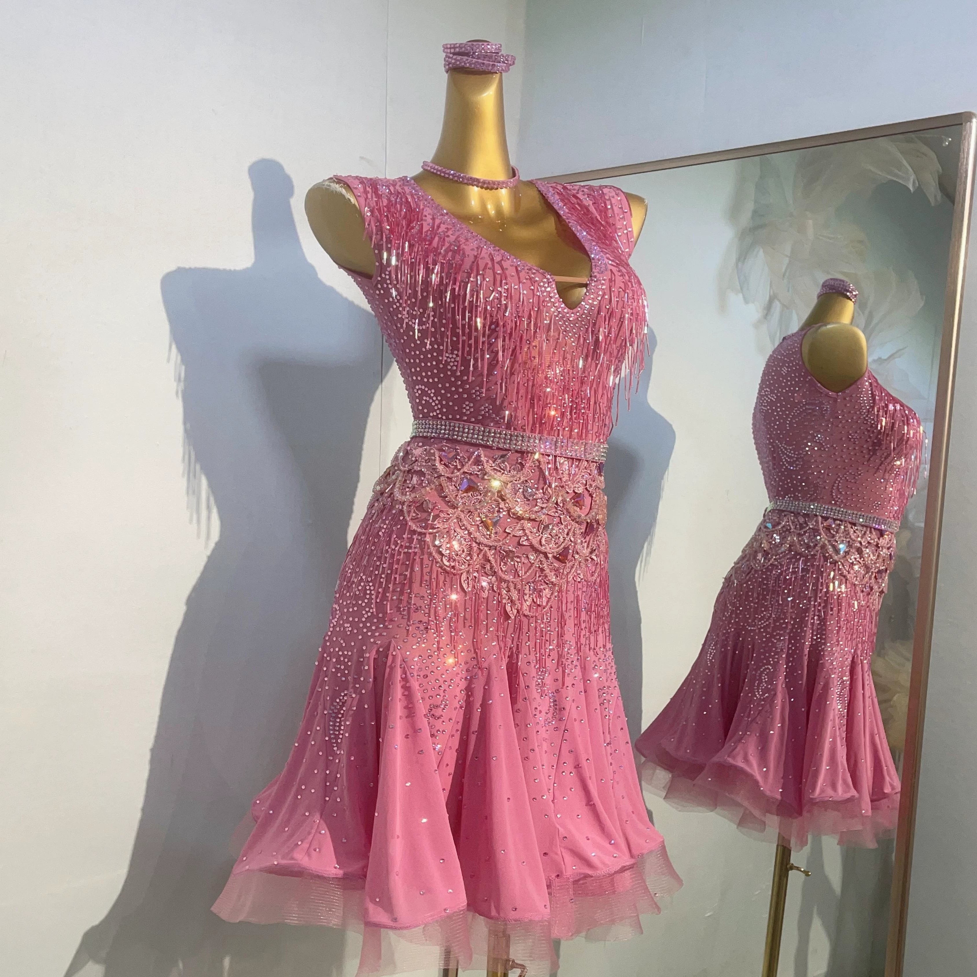 Custom Size Pink Bling Fringe Competition Latin Dance Dresses for Women Girls Salsa Rumba Chacha Professional Dance Clothes - Moderndancedress.com