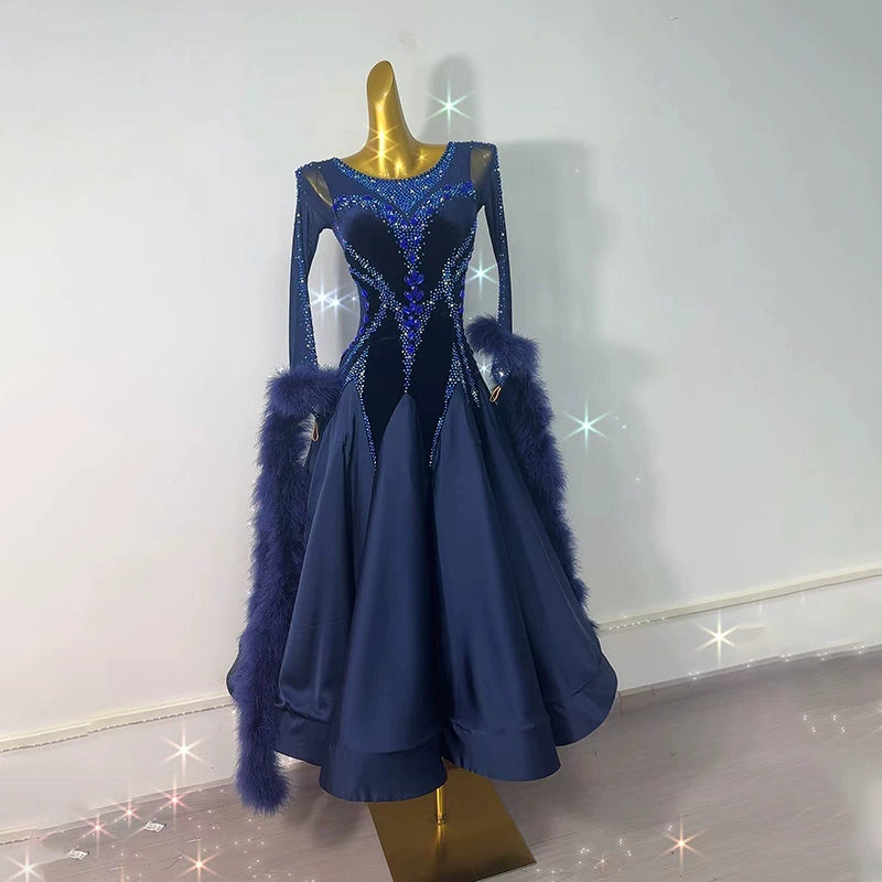 Custom Size Navy Feather Competition Ballroom Dance Dresses for Women Girls Waltz Foxtrot Smooth Dance Swing Skirts - Moderndancedress.com
