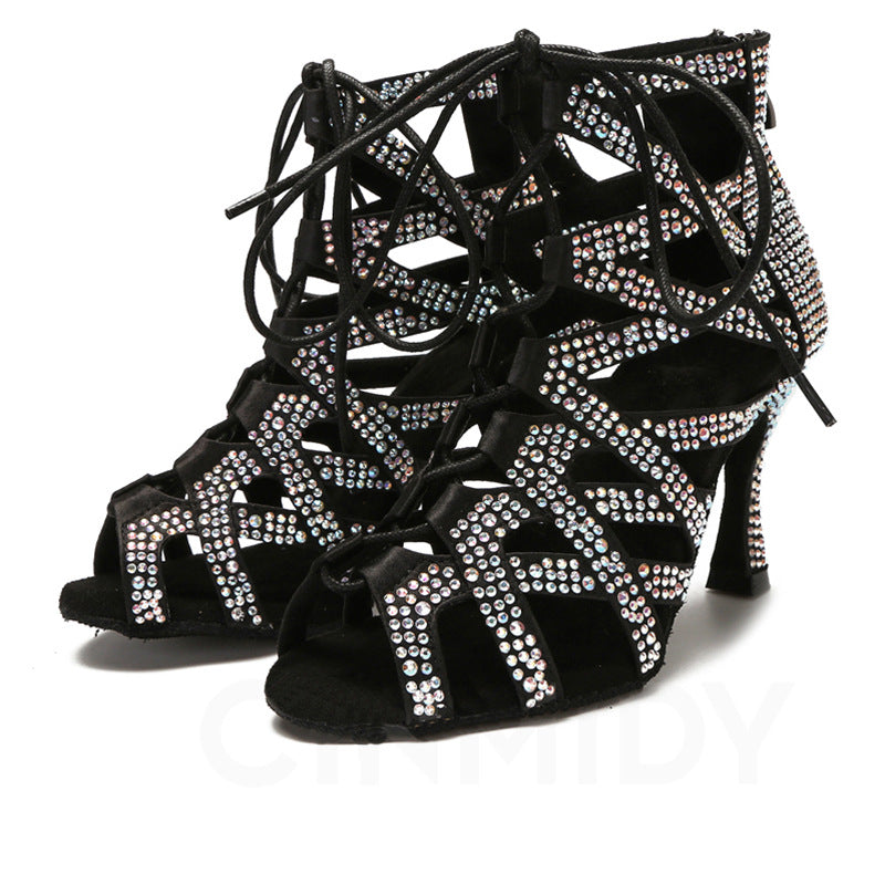 Competition blue black bling Latin dance shoes for women girls soft soles jazz ballroom salsa rumba chacha dance high heel sandals - Moderndancedress.com