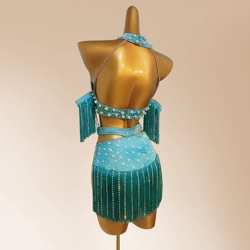 Custom Size Green Pink Latin Dance Competition Dresses for Women Girls Kids Salsa Chacha Dance Pearl Gold Fringed Skirts Party Performance Outfits - Moderndancedress.com