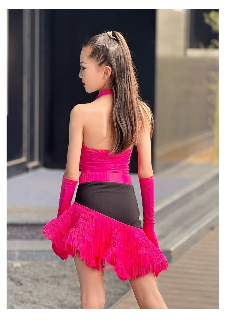 Girls Latin Dance Dresses Pink Wine Fringe Salsa Rumba Performance Costumes for Kids - Moderndancedress.com