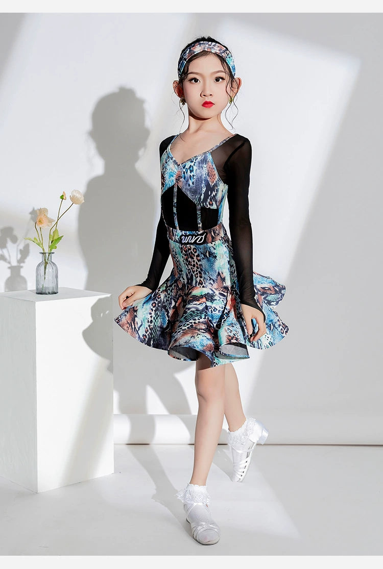 Blue Leopard Print Latin Dance Dresses for Kids Girls Salsa Rumba Chacha Latin Ballroom Long-sleeved Practice Costumes - Moderndancedress.com