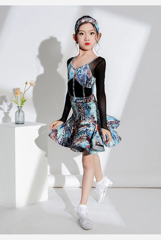Blue Leopard Print Latin Dance Dresses for Kids Girls Salsa Rumba Chacha Latin Ballroom Long-sleeved Practice Costumes - Moderndancedress.com
