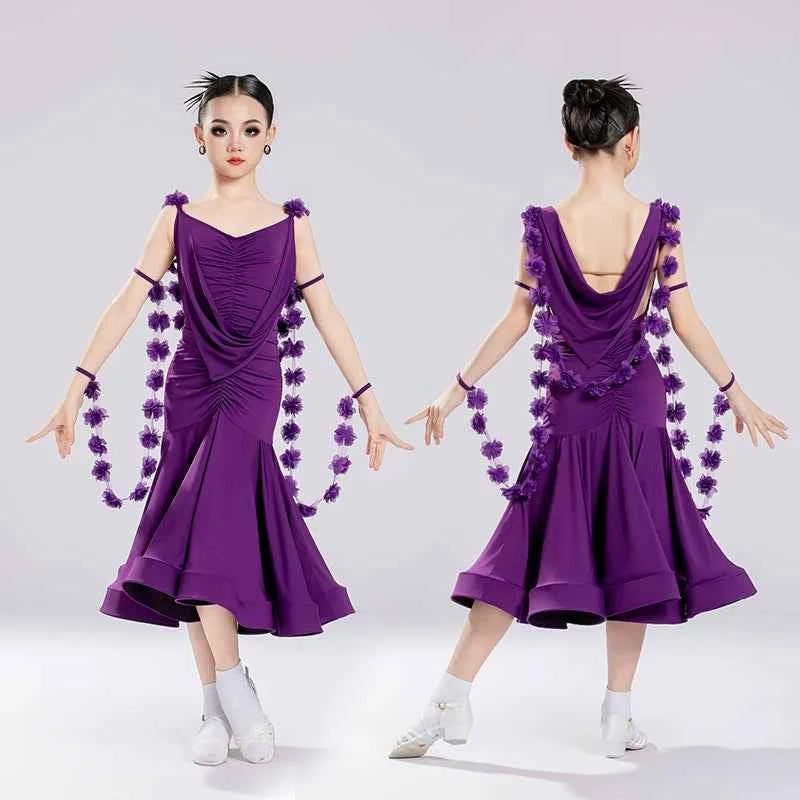 Girls Purple Ballroom Dance Dress  with Flowers Float Waltz Tango Performance Long Gown