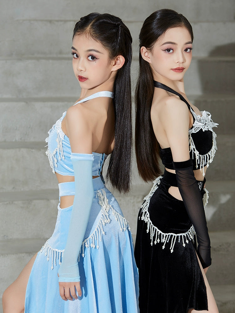 Competition Latin dance dresses for girls kids black blue velvet lace salsa ballroom rumba chacha performance pearl costumes for children - Moderndancedress.com