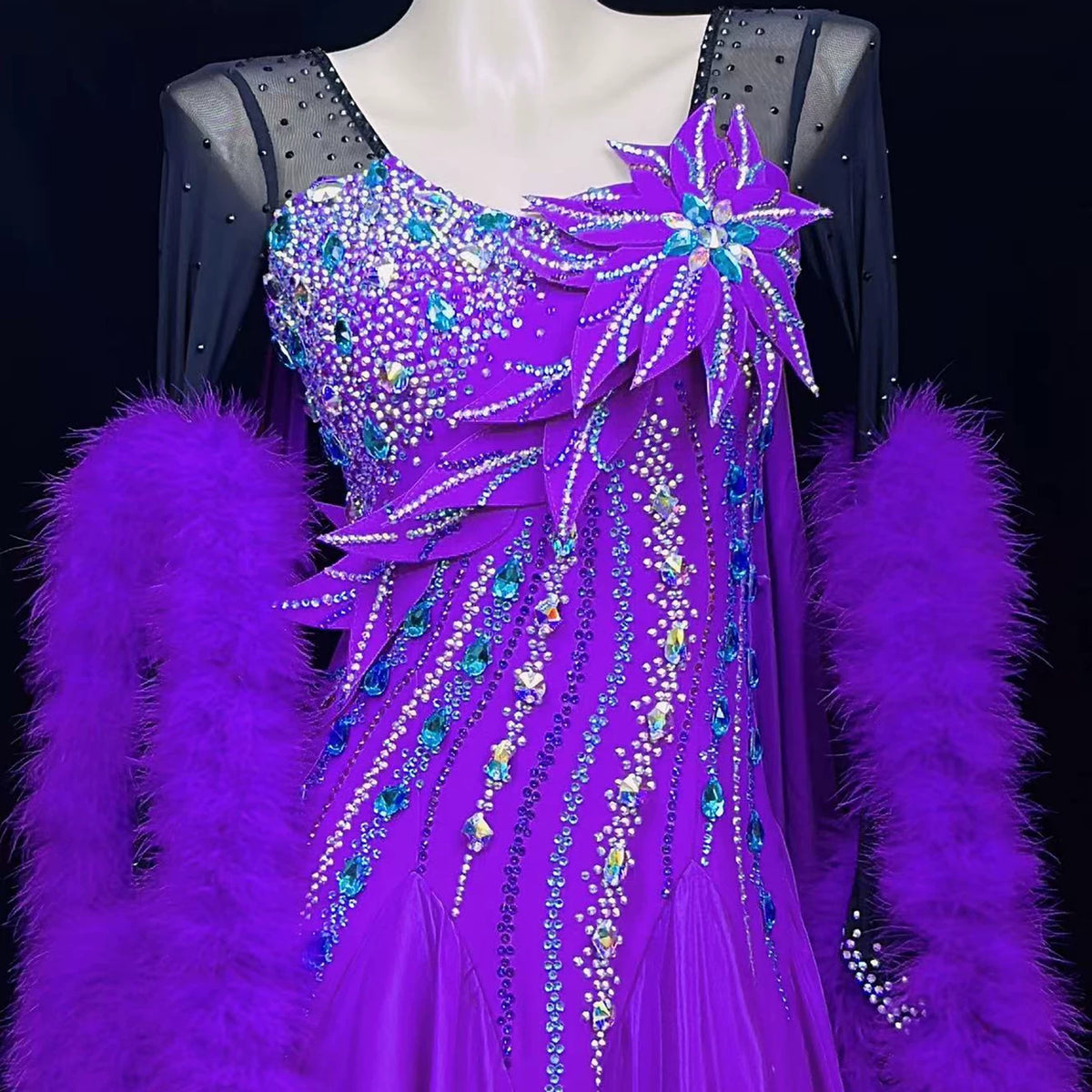 Custom Royal Purple Ballroom Dance Dress 3D Flower Applique Waltz Foxtrot Smooth Dance Gown