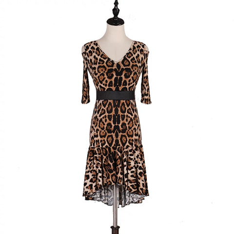 leopard Latin Dance Dresses Latin Dance Competition Dresses / Rhinestones High Dress