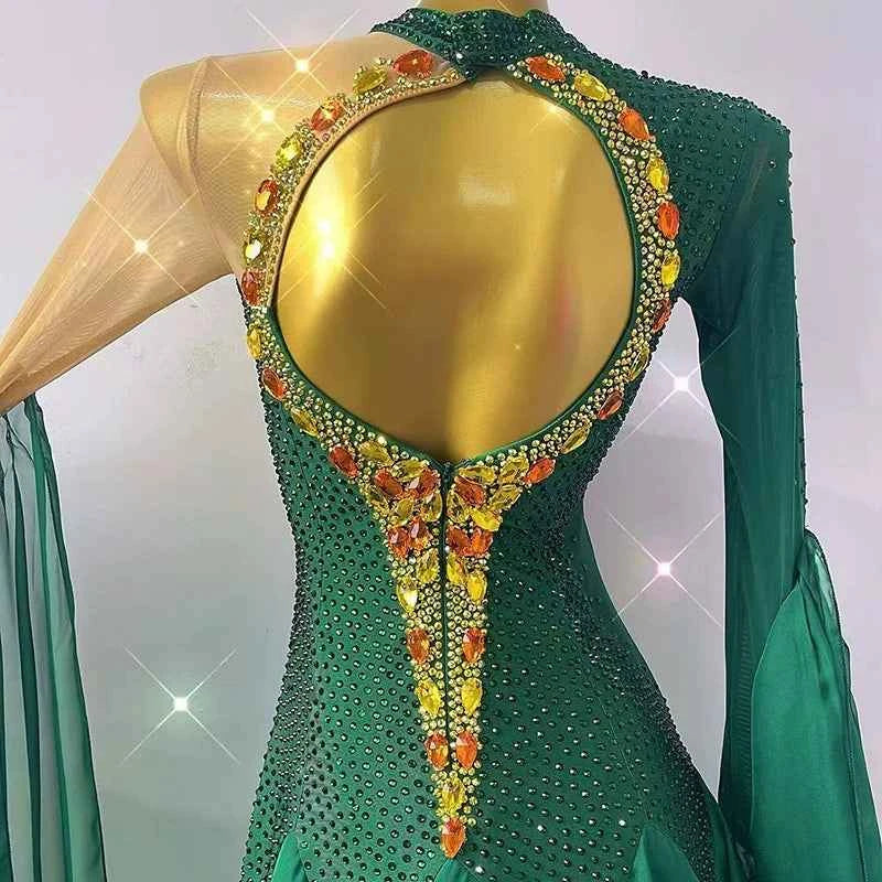Custom Size Women's Green Ballroom Dance Dresses Gold Stones Smooth Dance Long Skirt