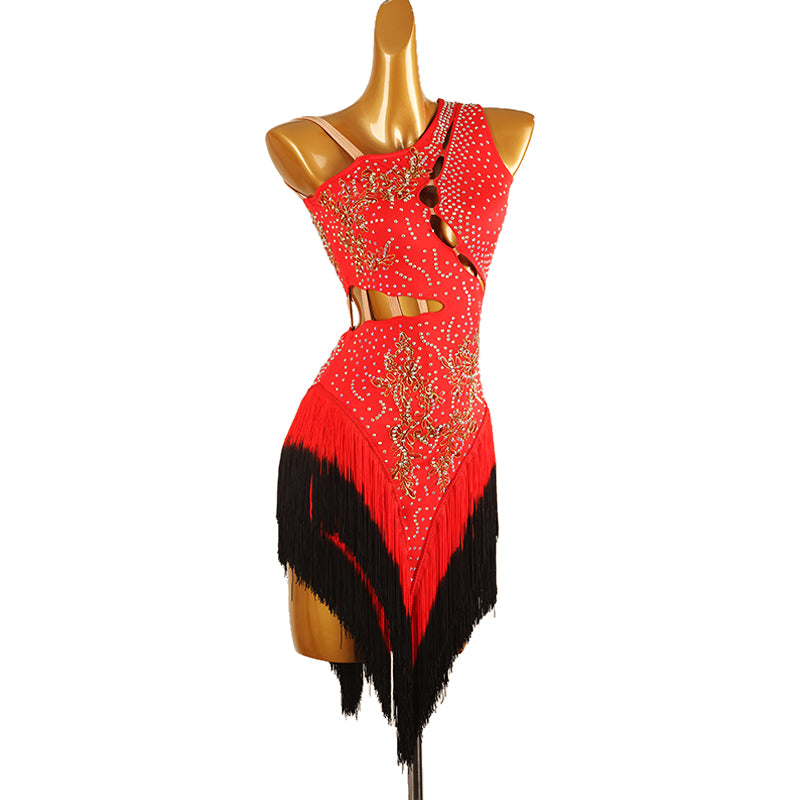 Red Black One Shoulder Latin Competition Dresses for Women Girls Slant Neck Diamond Bling Gradual Change Fringed Latin Salsa Chacha Dance Costume - Moderndancedress.com