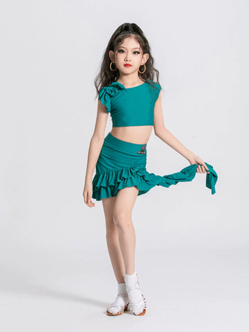 Green tassels Latin dance costumes for girls kids children ballroom Latin dance dresses modern salsa rumba Performance flower outfits - Moderndancedress.com