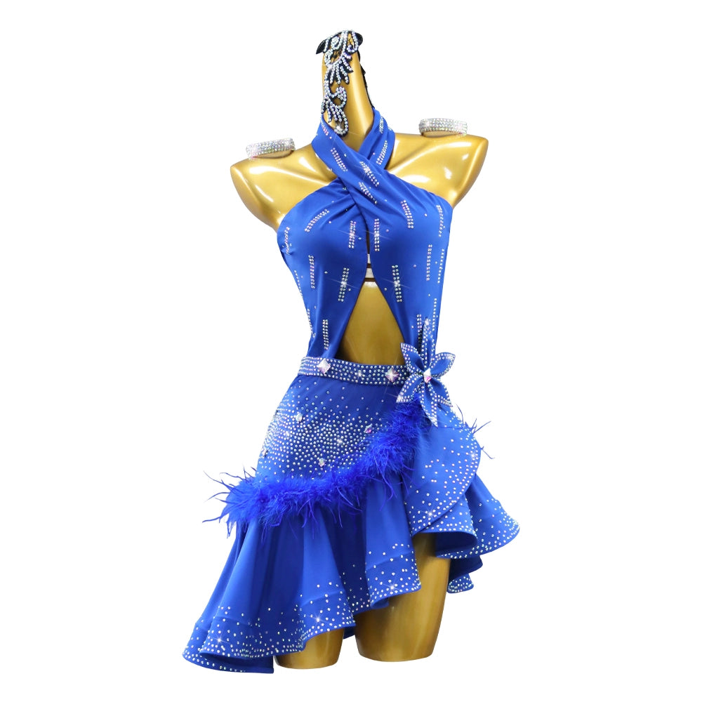 Custom size Royal blue feather rhinestones Latin dance Dresses for women girls salsa rumba chacha samba dance competition performance costumes - Moderndancedress.com