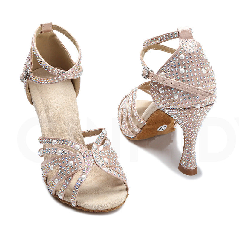 Black Rhinestones Latin Dance Shoes for Women Girls High Heels Indoor Soft Soles Waltz Tango Salsa Wedding Party Dance Sandals - Moderndancedress.com